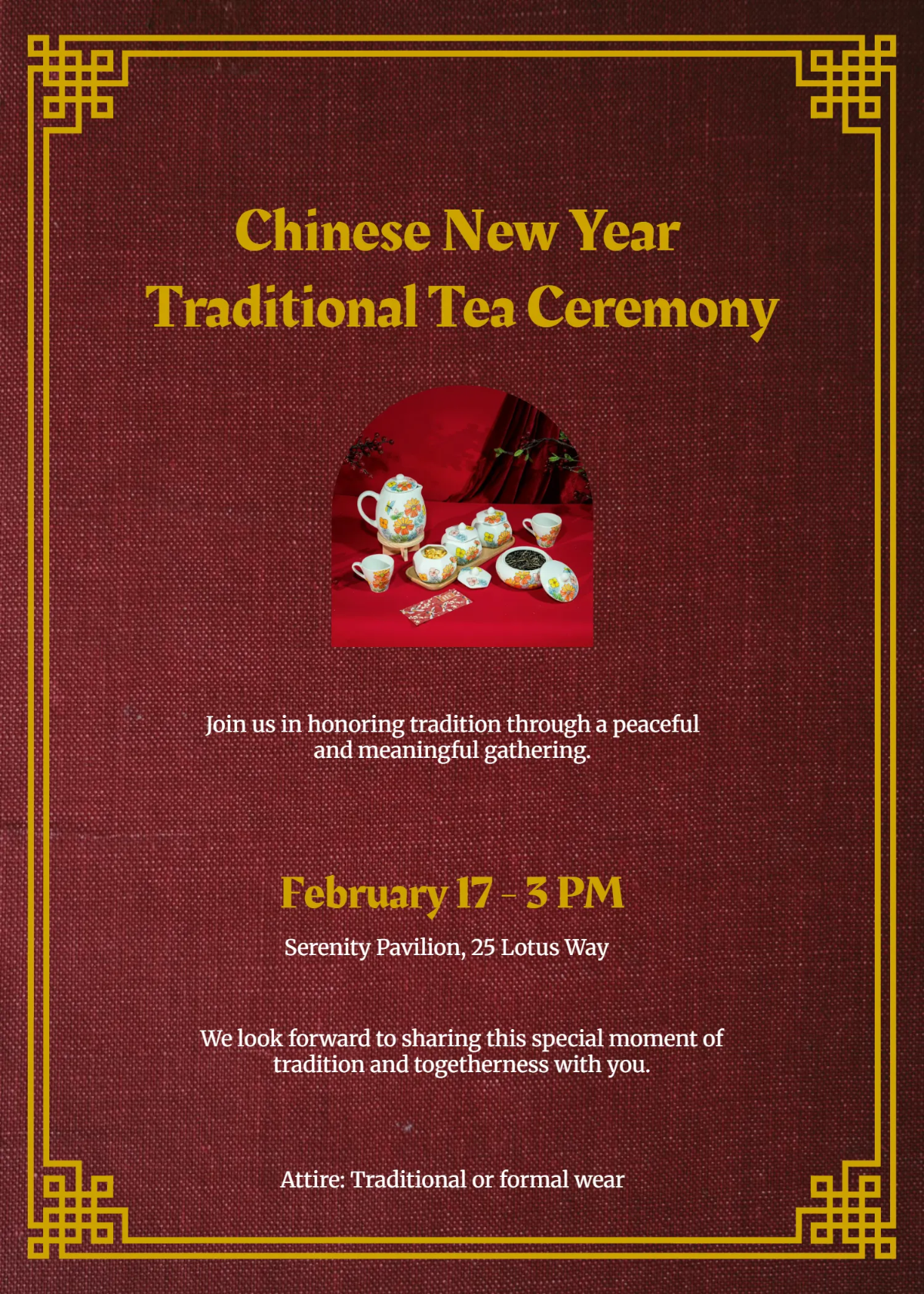 Free Chinese New Year Traditional Tea Ceremony Invitation Template to Edit Online