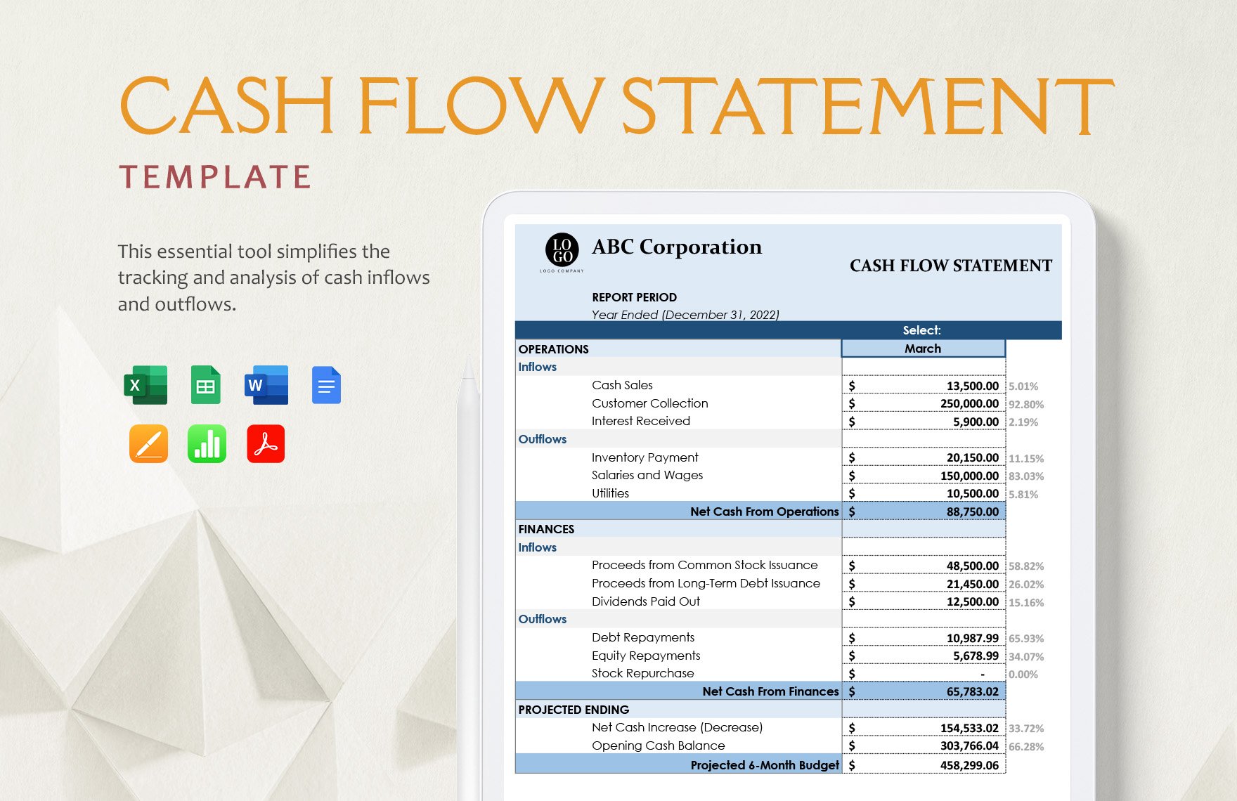Cash Flow Statement Template in Word, Google Docs, Excel, PDF, Google Sheets, Apple Pages, Apple Numbers