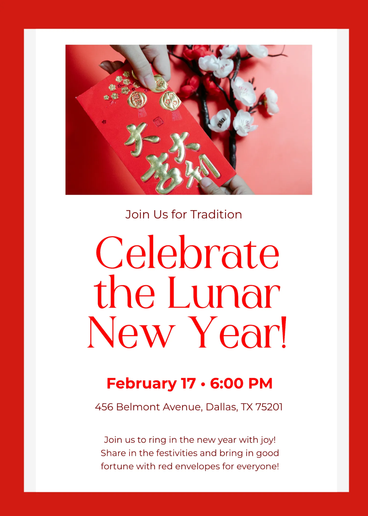 Free Chinese New Year Red Envelope Giving Event Invitation Template to Edit Online