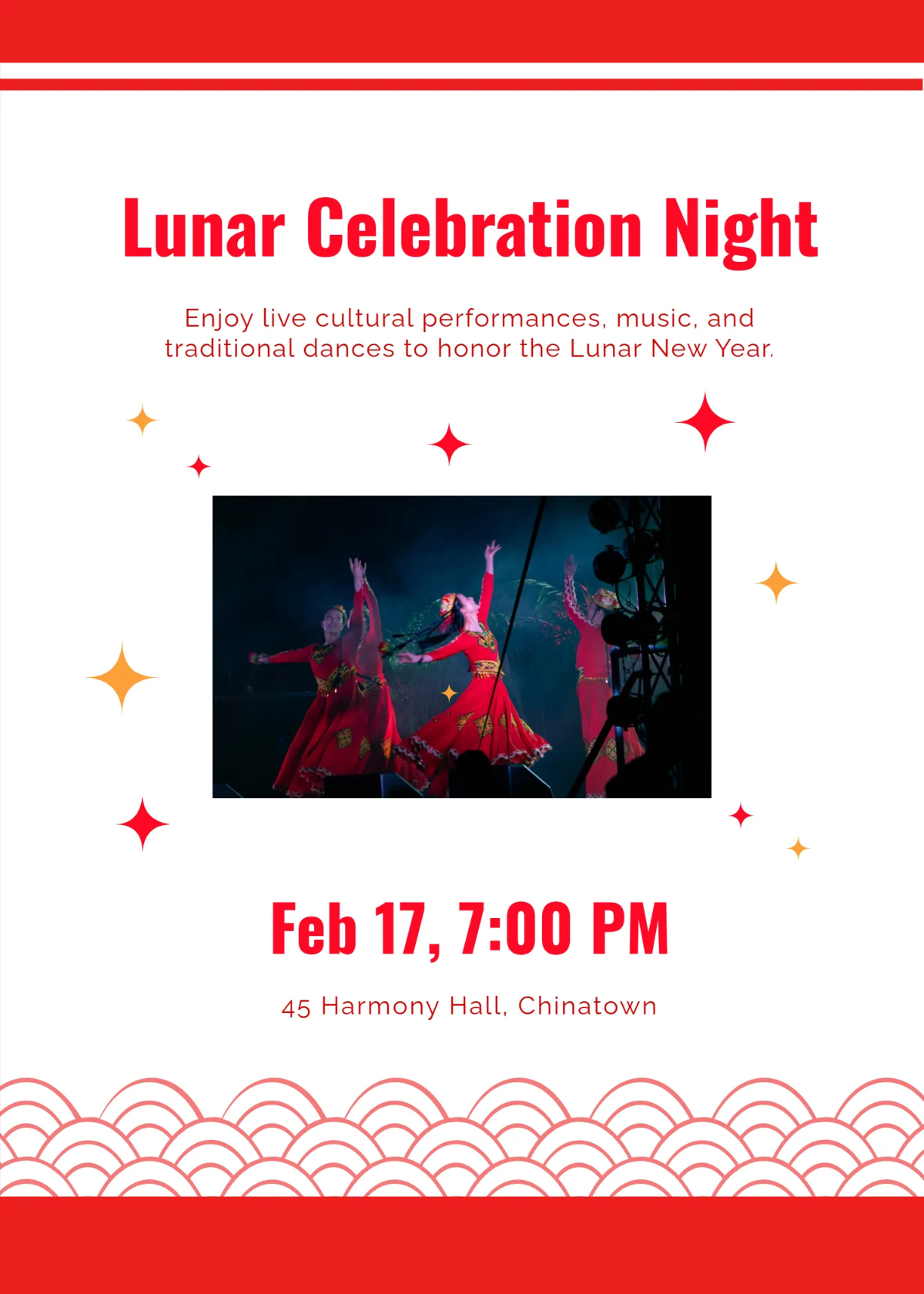 Free Chinese New Year Cultural Performance Night Invitation Template to Edit Online