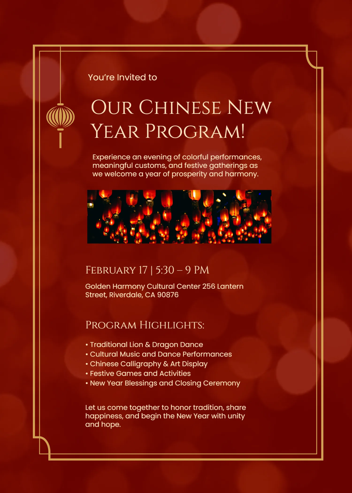 Free Chinese New Year Chinese School Program Invitation Template to Edit Online