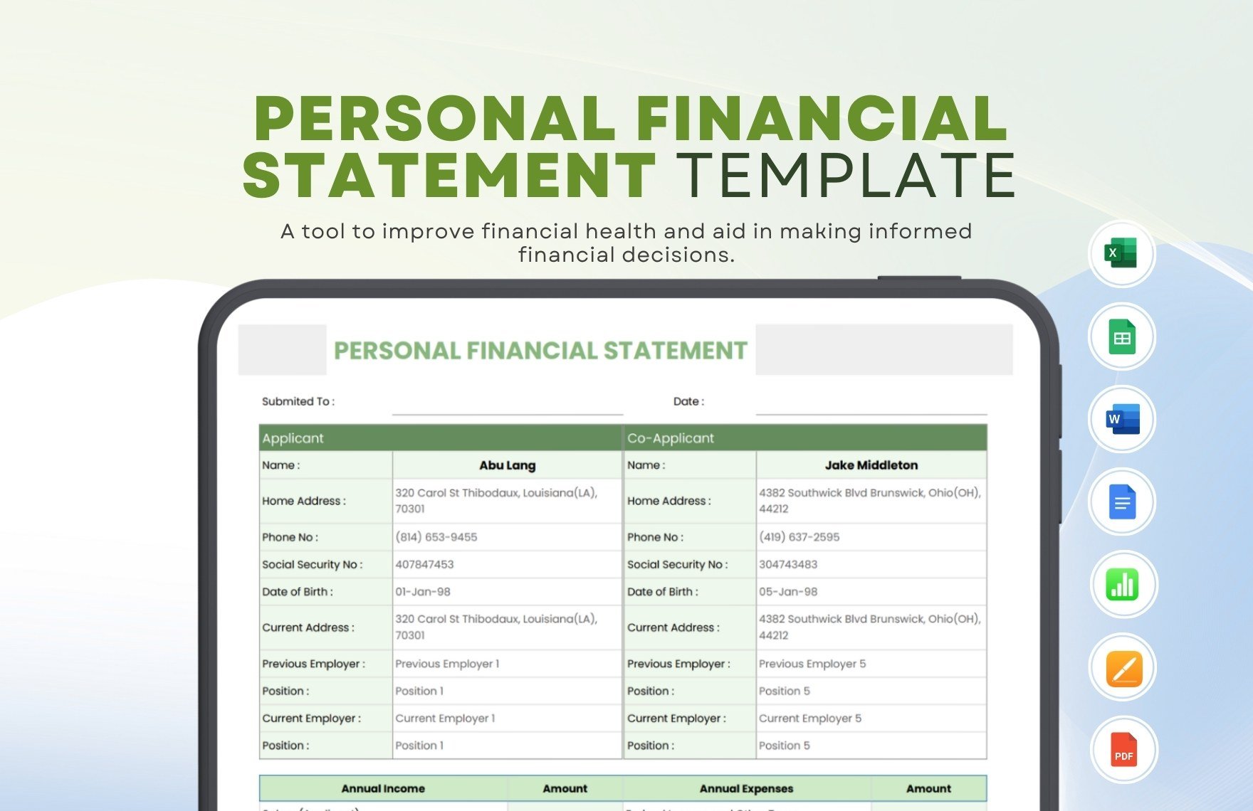 Personal Financial Statement Template in Word, Apple Pages, Apple Numbers, PDF, Google Docs, Excel, Google Sheets - Download | Template.net