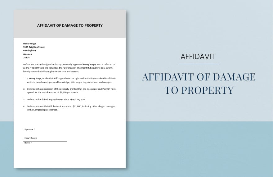 Affidavit of Damage to Property Template