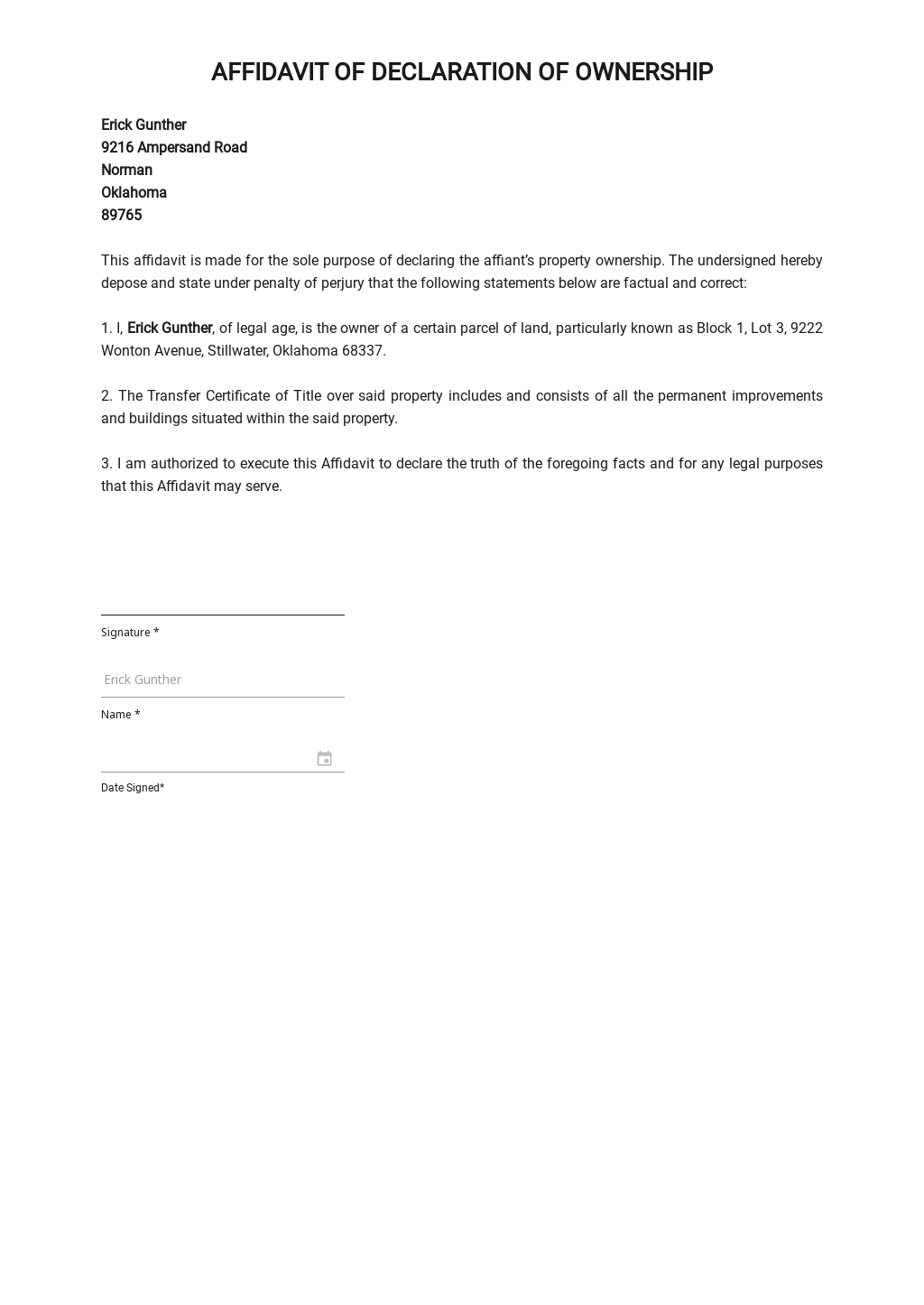 Affidavit Of Ownership Of Property Template Template