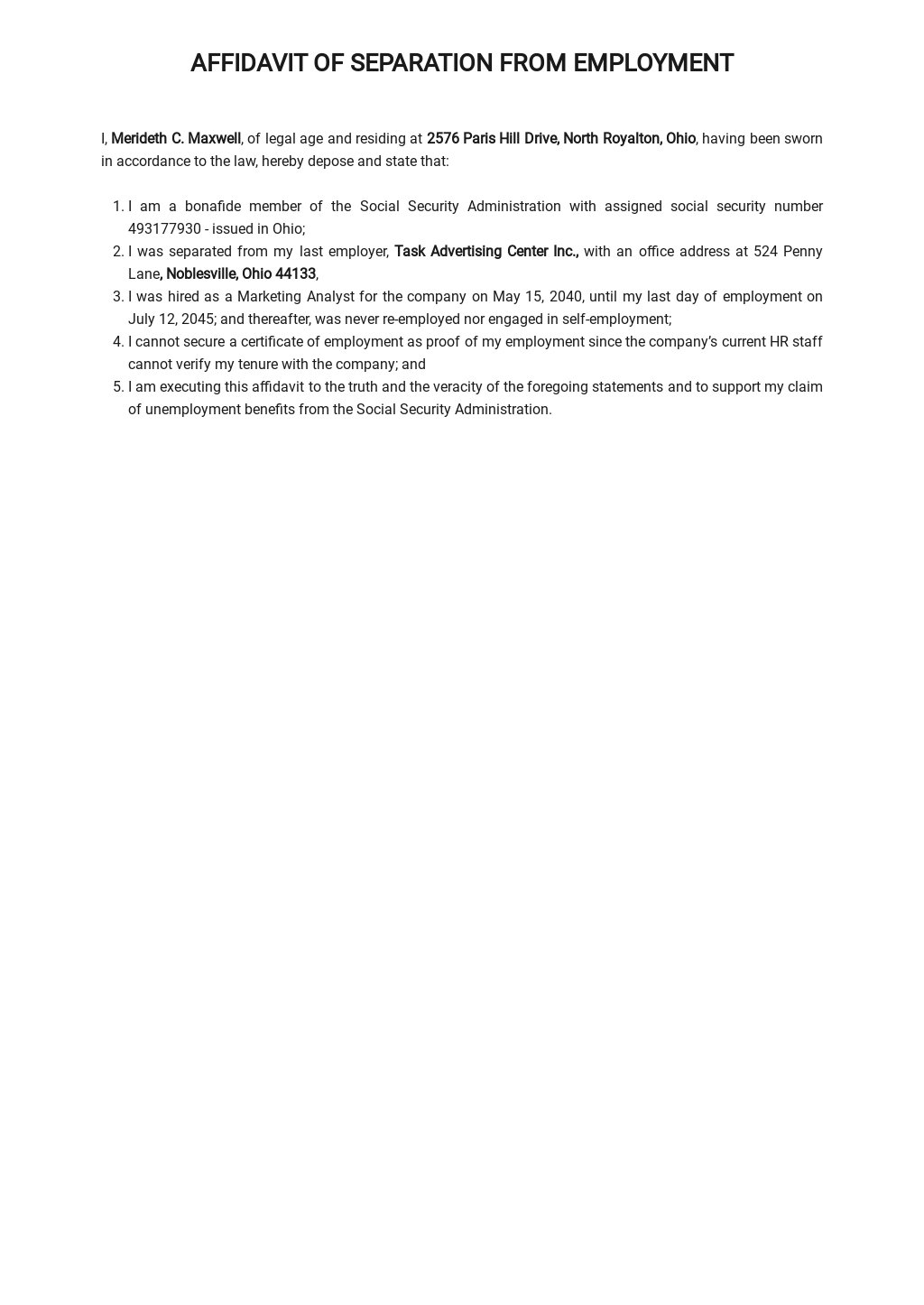 Affidavit of Separation from Employment Template