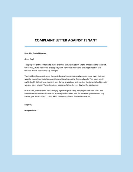 Complaint Letter Against Tenant Template