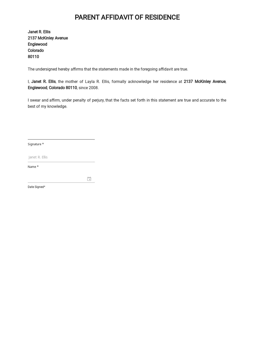 Parent Affidavit Of Residency Form Template Free Pdf Google Docs Word Template Net