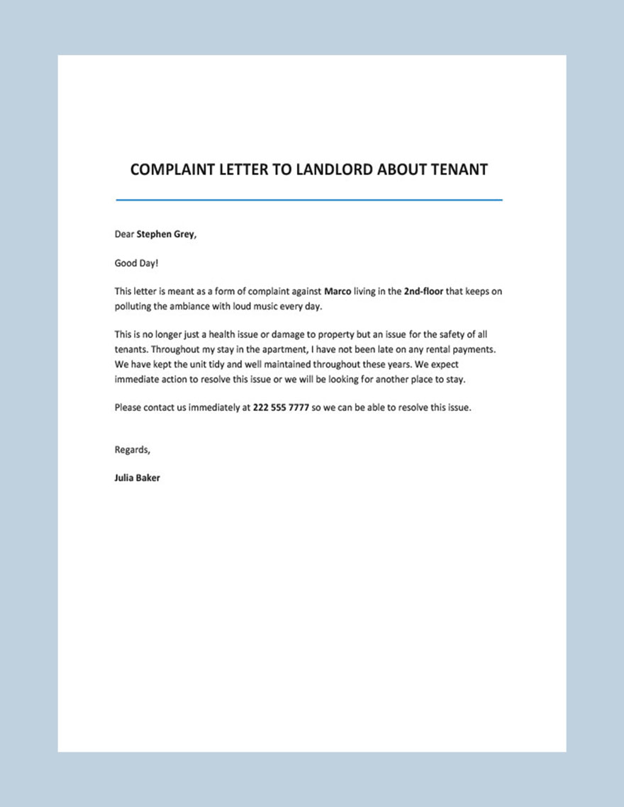 Complaint Letter to Landlord about Tenant Template