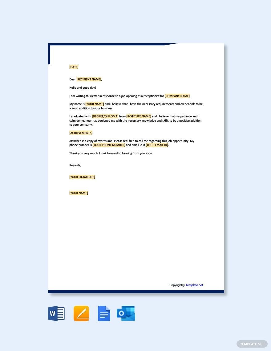 Receptionist Application Letter Template