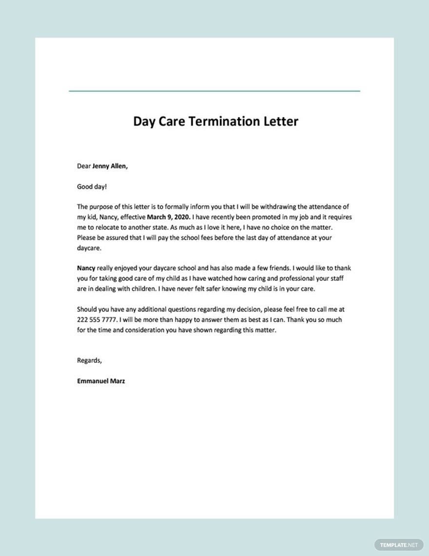 Day Care Termination Letter Template