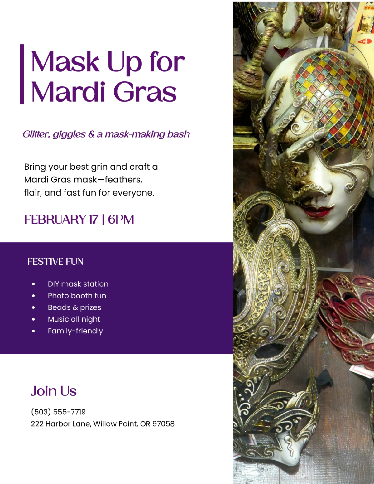 Free Fun Mardi Gras Mask Flyer Template to Edit Online