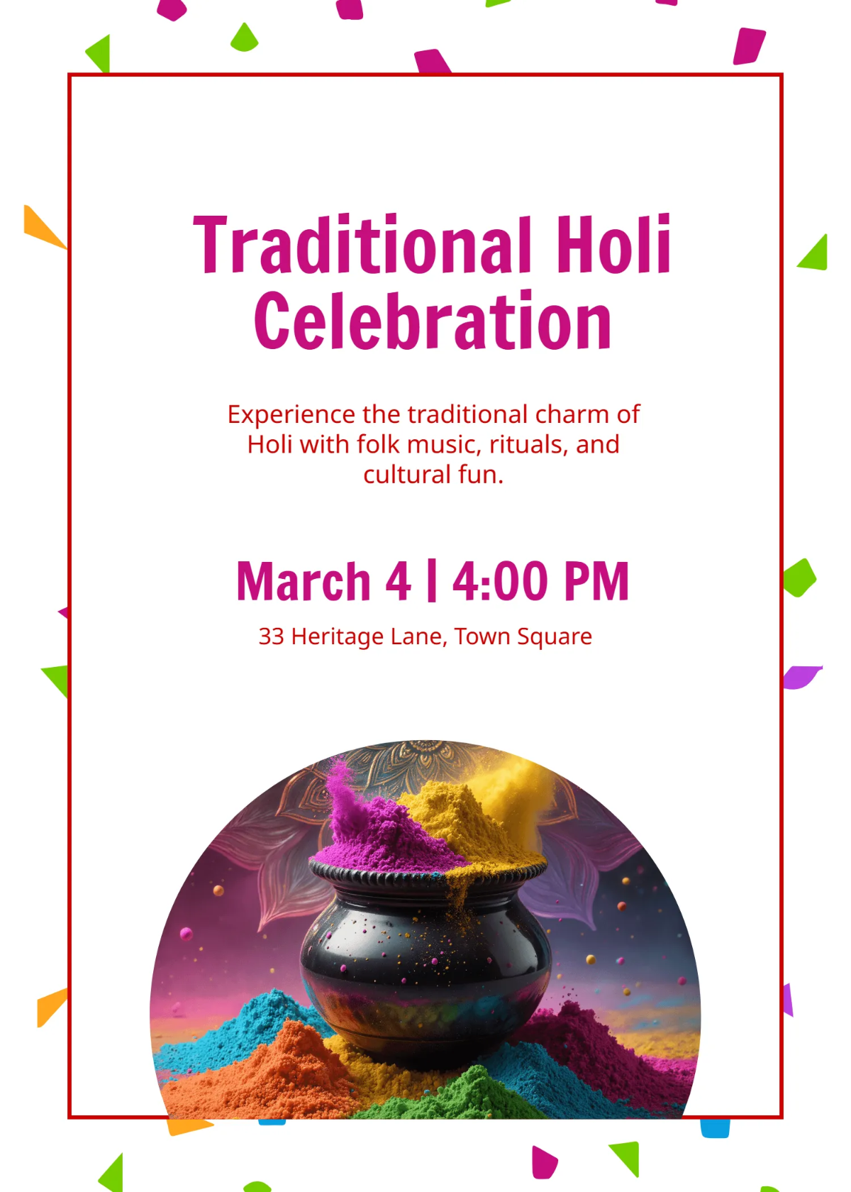 Free Traditional Holi Invitation Template to Edit Online