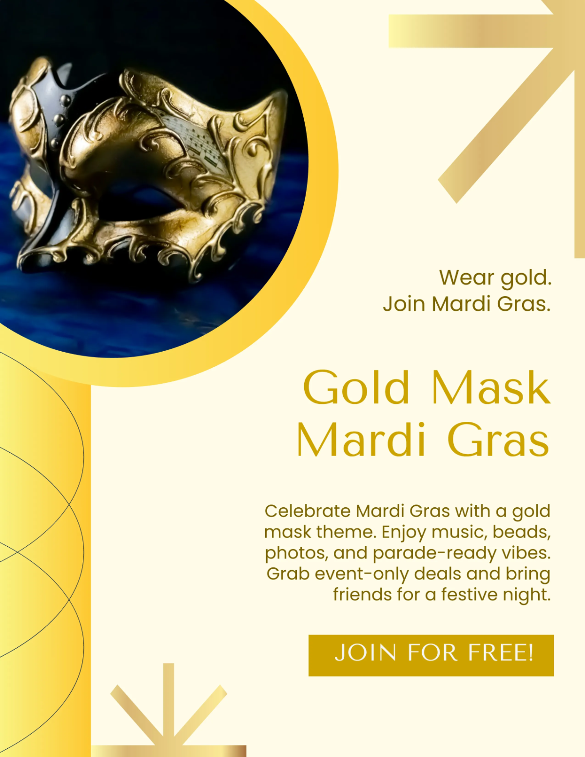 Free Gold Mardi Gras Mask Flyer Template to Edit Online