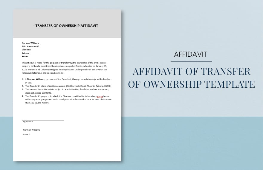 Affidavit Of Transfer Of Ownership Template in Word, Google Docs