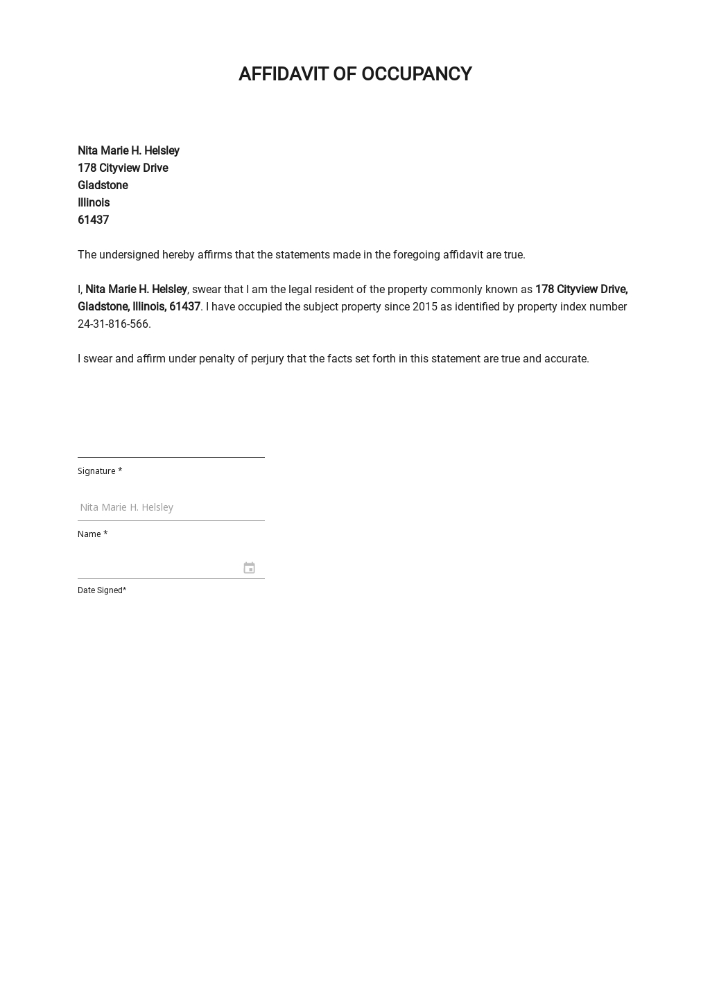 Affidavit Of Occupancy Form Template In Google Docs Word Template Net
