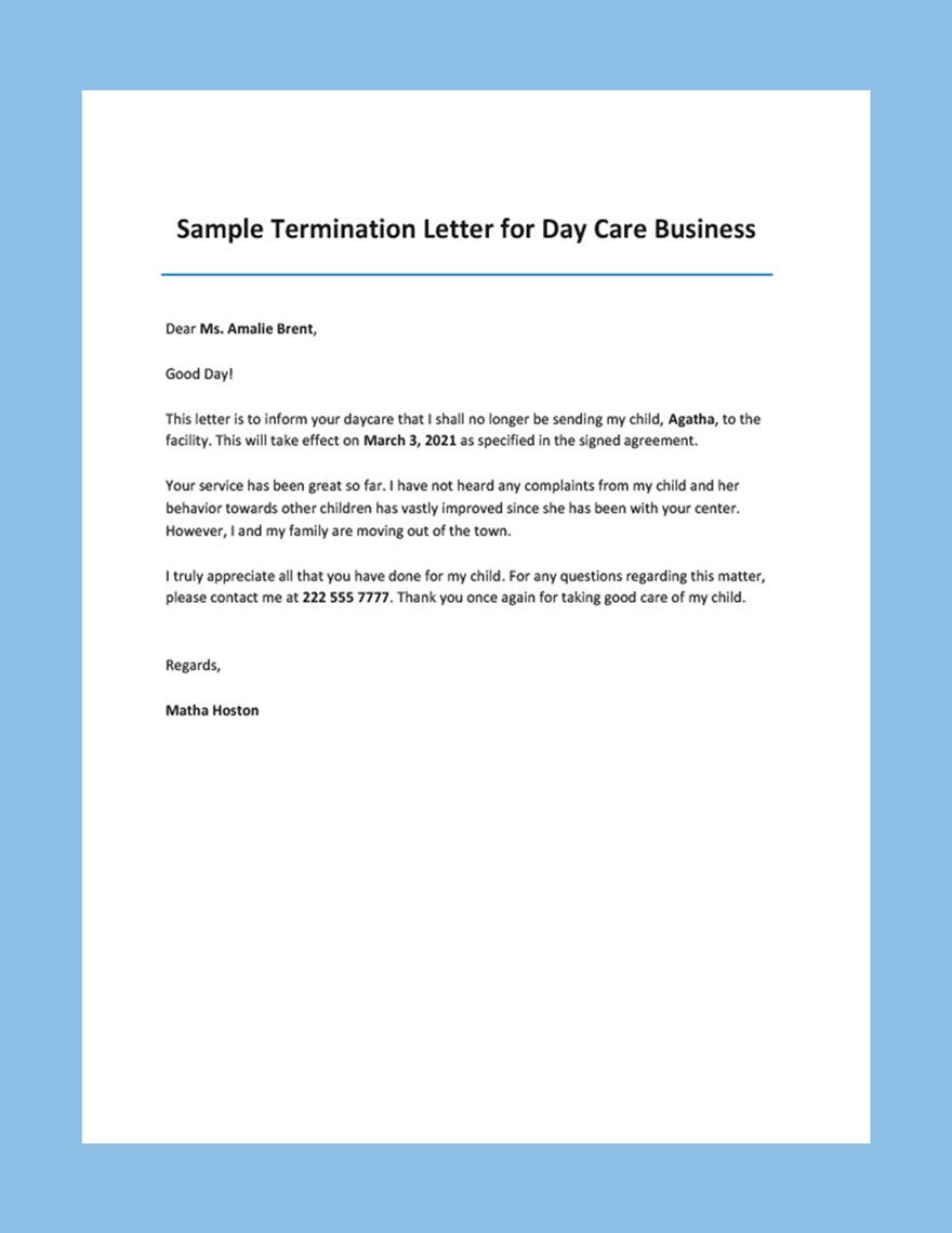Free Sample Termination Letter for Day Care Business Template