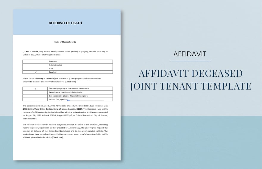 Affidavit Deceased Joint Tenant Template