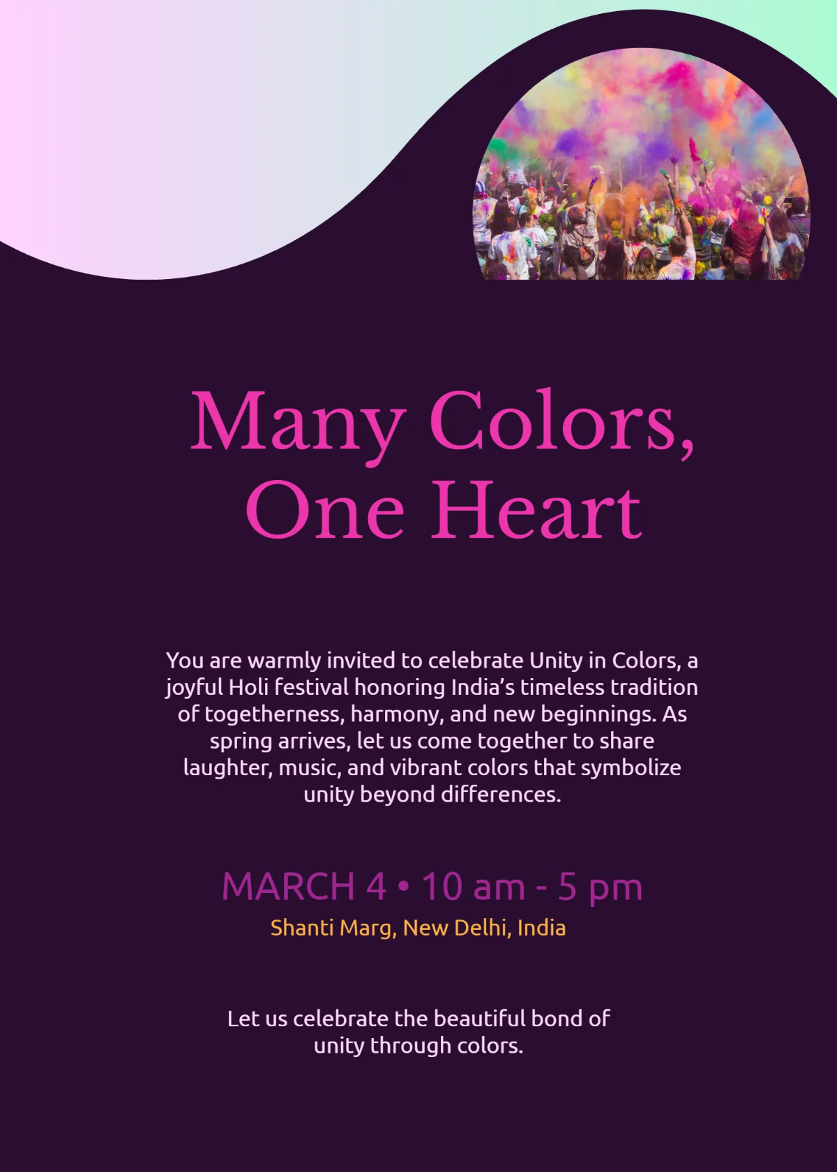 Free Unity in Colors Holi Invitation Template to Edit Online