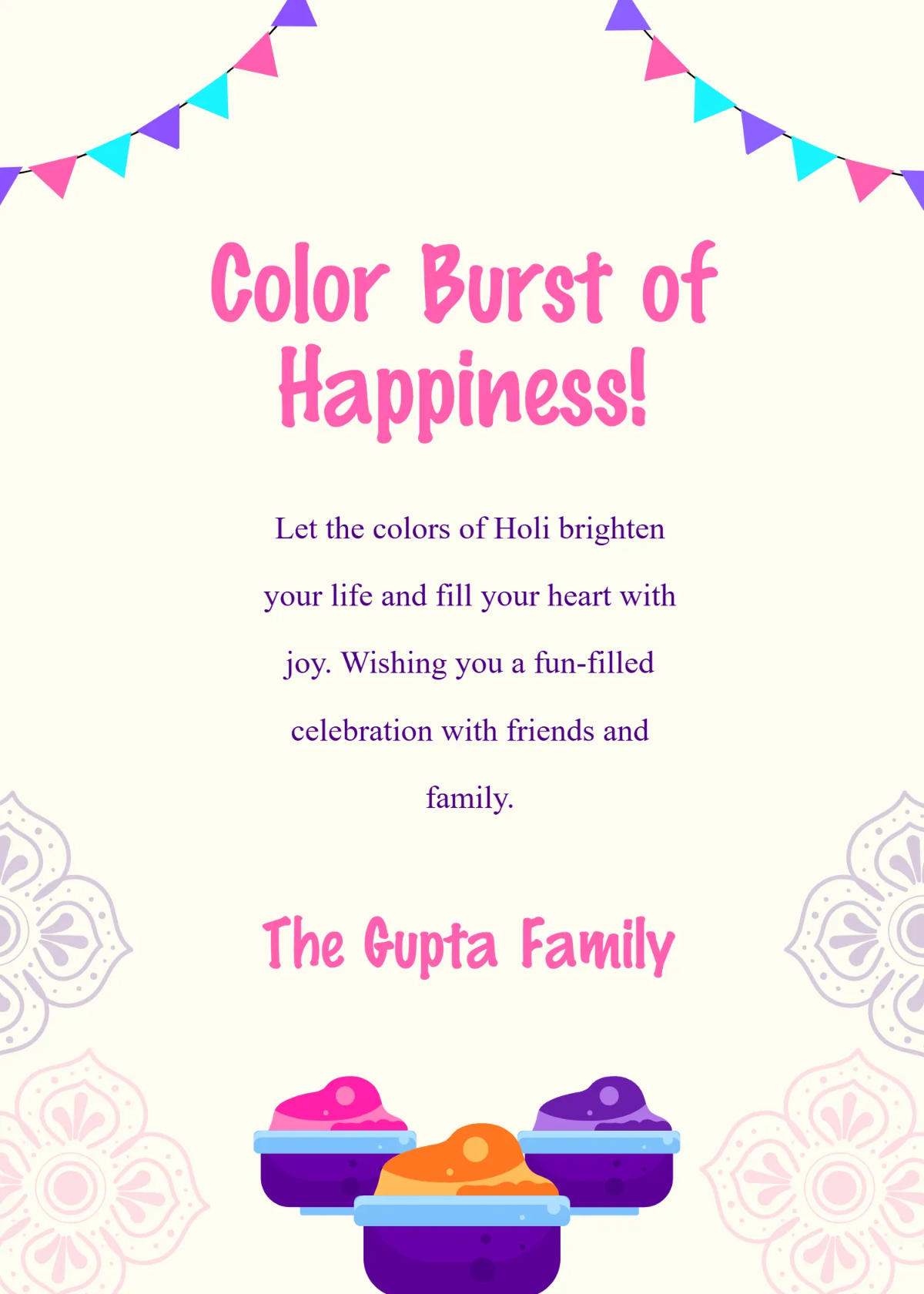 Free Color Burst Holi Wishes Template to Edit Online