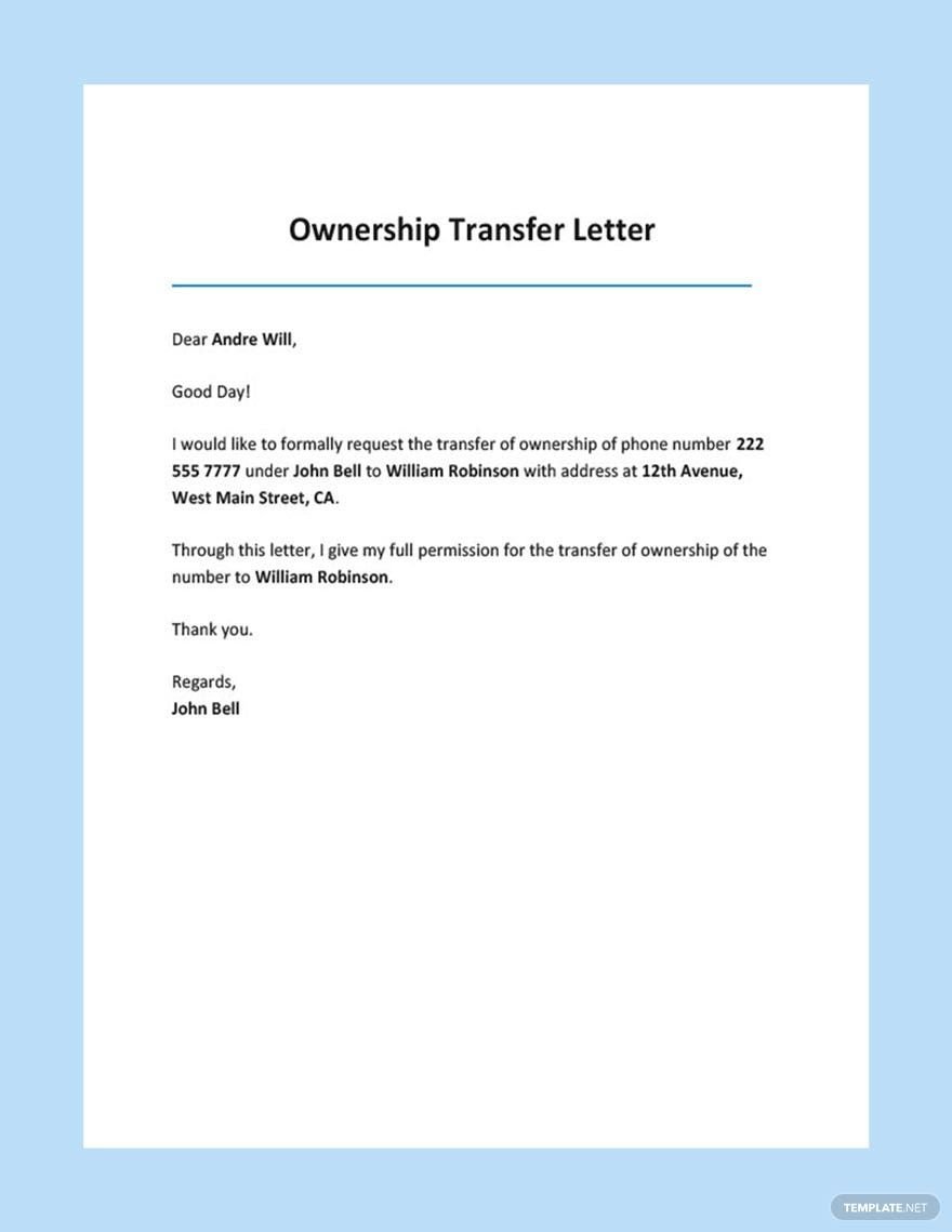 Ownership Transfer Letter