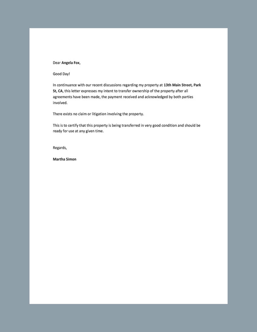 Ownership Transfer Letter Sample Template Google Docs, Word