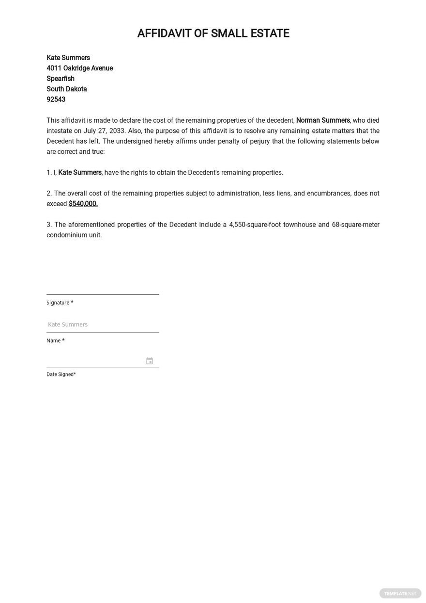 Cost of Small Estate Affidavit Template in Word, Google Docs