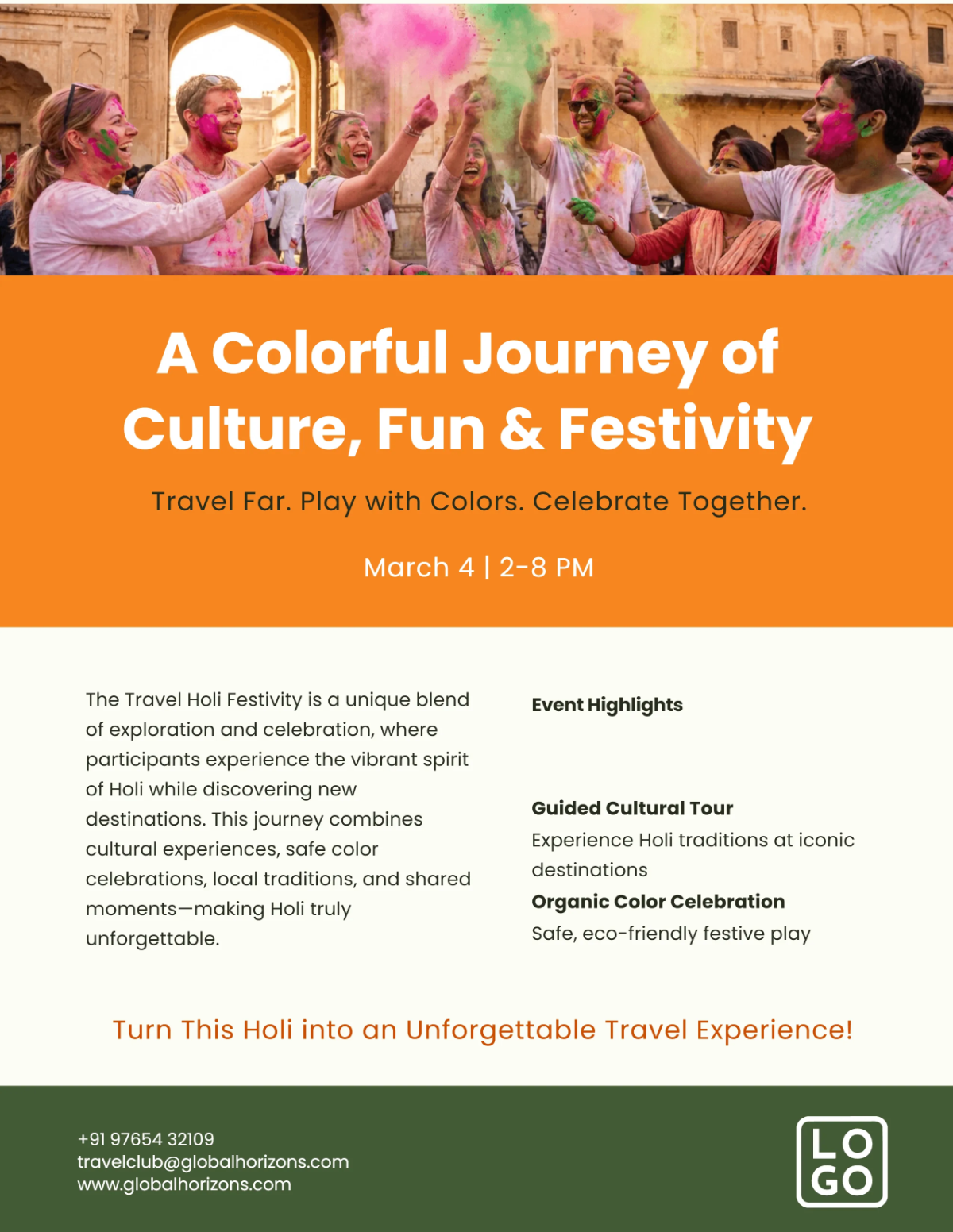 Free Travel Holi Flyer Template to Edit Online