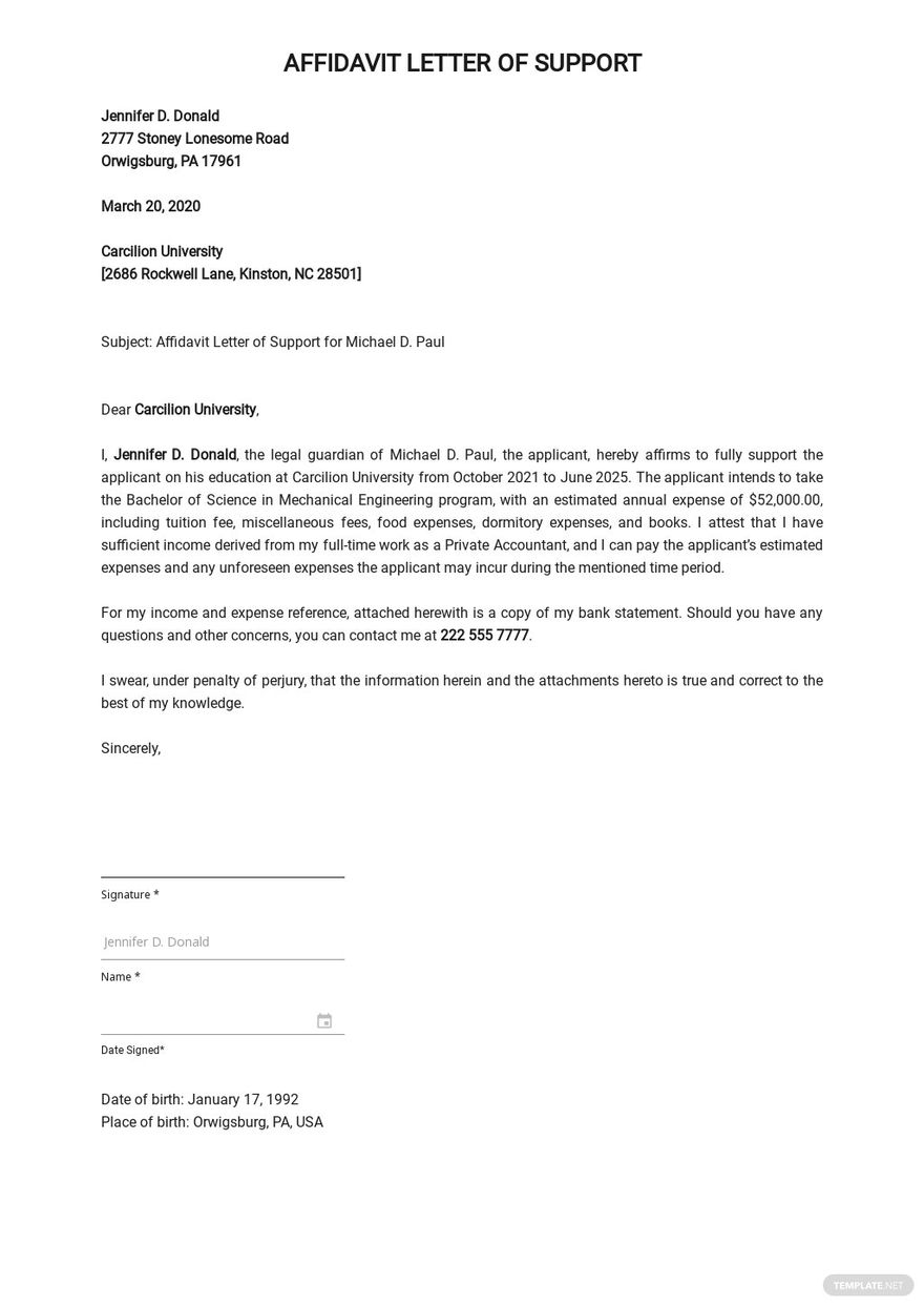 Affidavit of Support Example Template Google Docs, Word