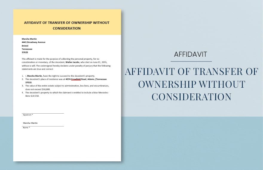 Affidavit of Transfer of Ownership Without Consideration Template in Word, Google Docs