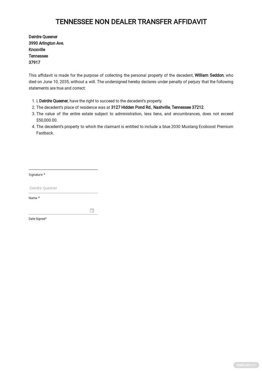 Tennessee Non Dealer Transfer Affidavit Template in Word, Google Docs