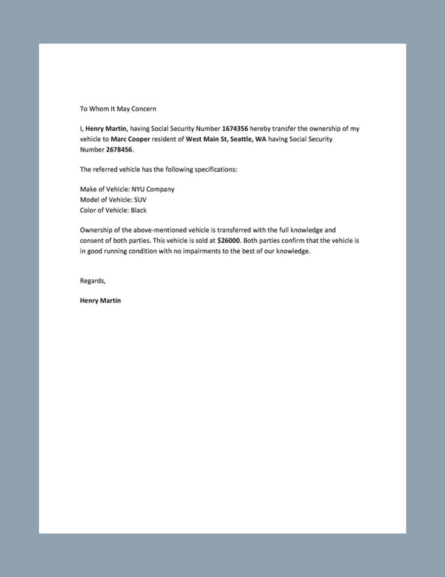 Vehicle Ownership Transfer Letter Template