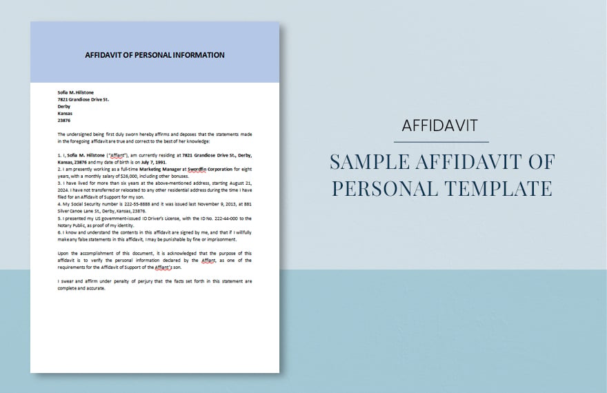 Free Sample Affidavit of Personal Template