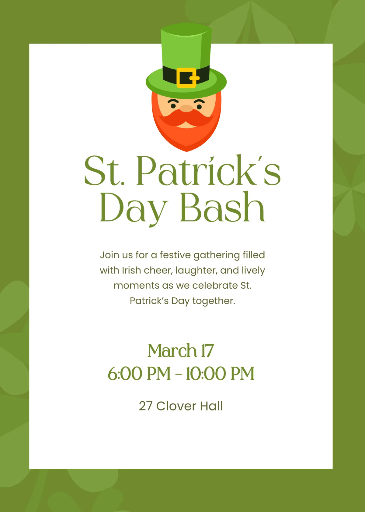 Free Simple St Patrick's Day Invitation Template to Edit Online
