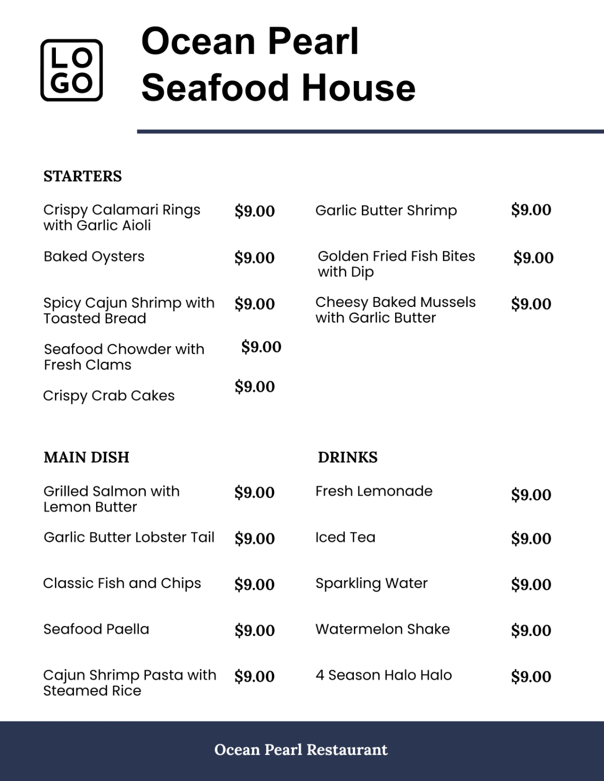 Free Seafood Restaurant Menu Template to Edit Online