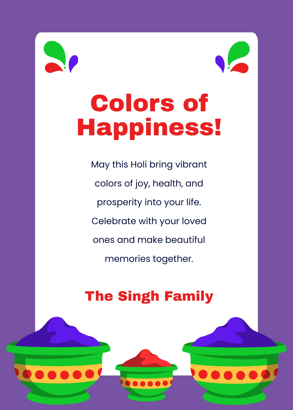 Free Colorful Joy Holi Wishes Template to Edit Online