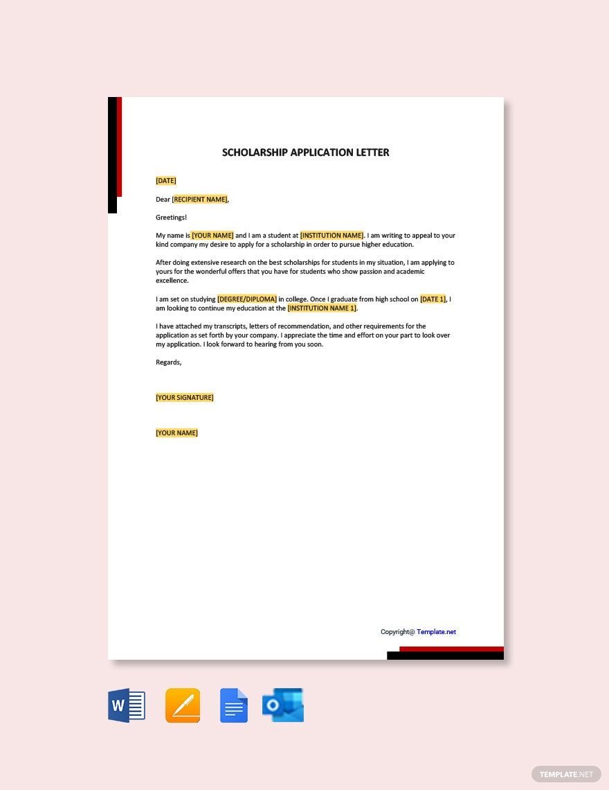 Scholarship Application Letter in Word, Google Docs, PDF, Apple Pages, Outlook