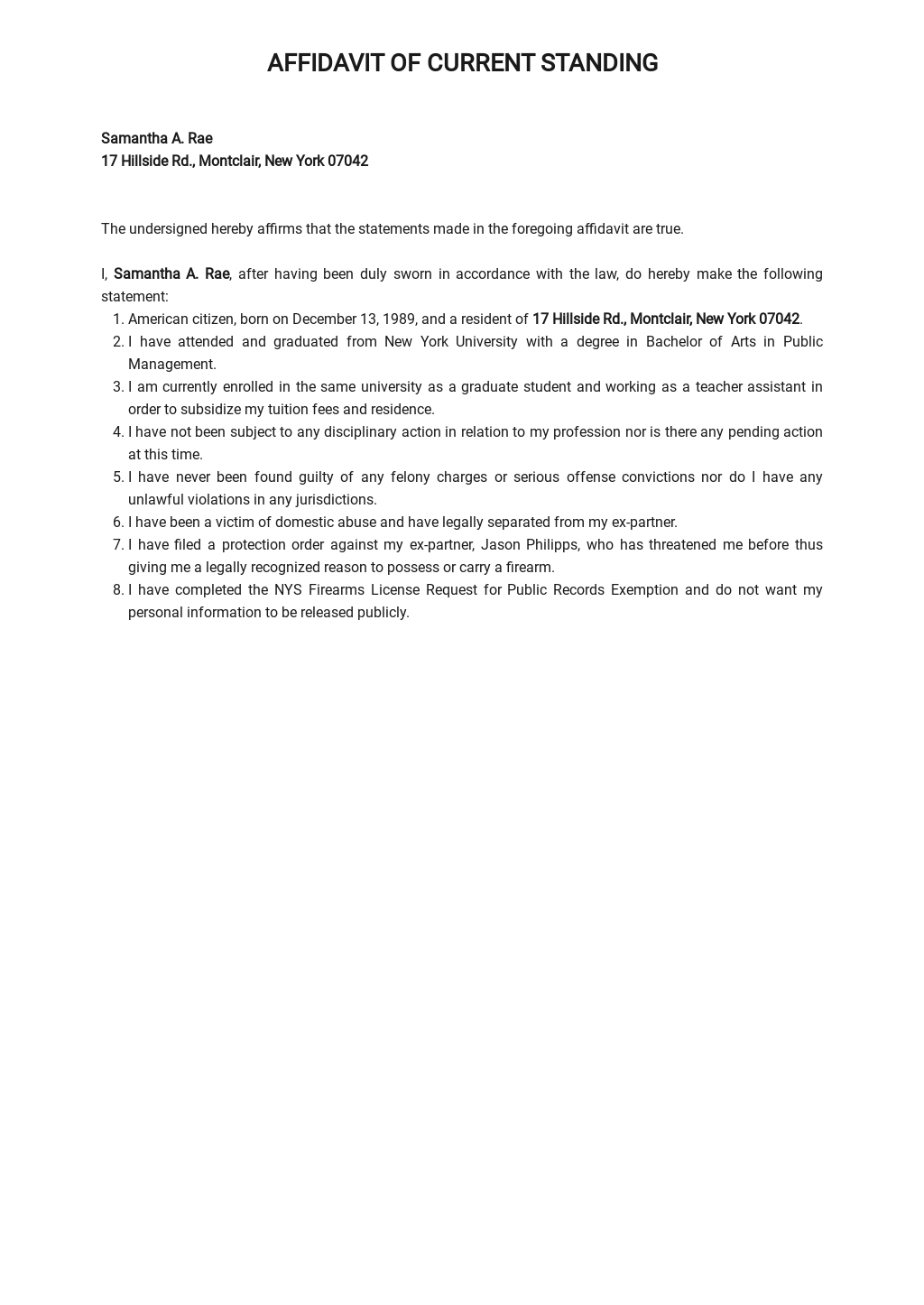 Personal Statement Affidavit Template