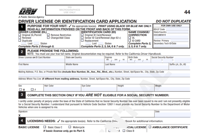 CA DMV DL 44 Form