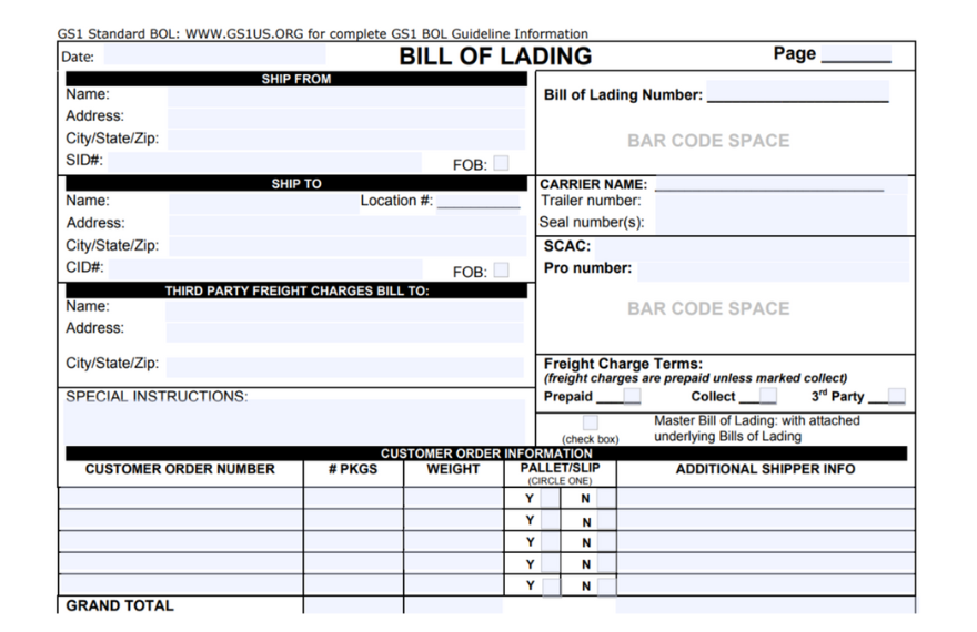 Bill of Lading Form