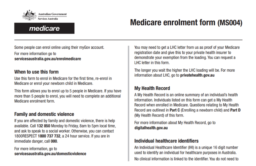 Medicare Enrolment Form (MS004)