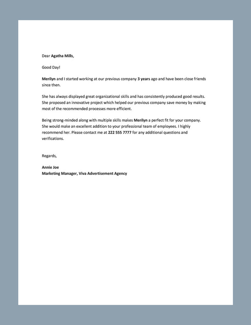 Short Recommendation Letter For Colleague Template Word Template Net 0101