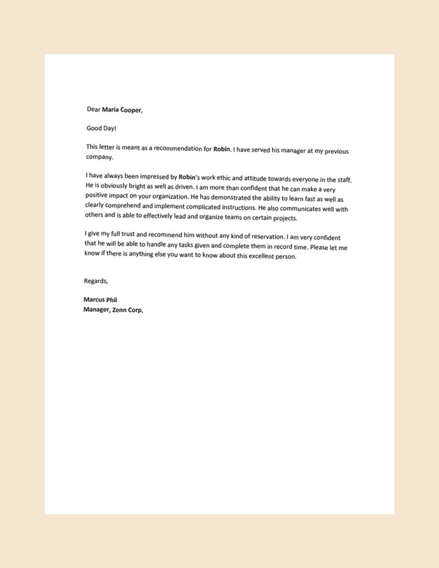 Letter for Employee from Manager Template Google Docs