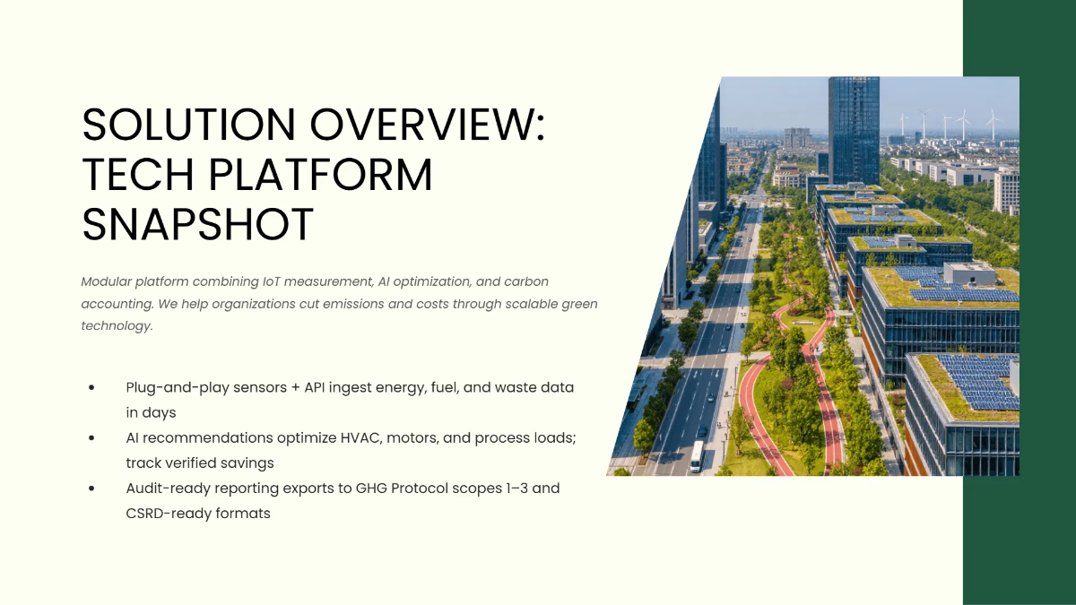 Free Green Tech & Sustainability Pitch Deck Template to Edit Online