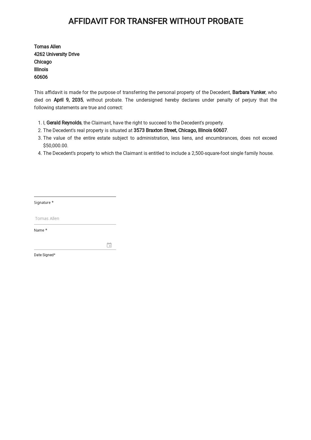 Affidavit for Transfer without Probate Template in Word, Google Docs