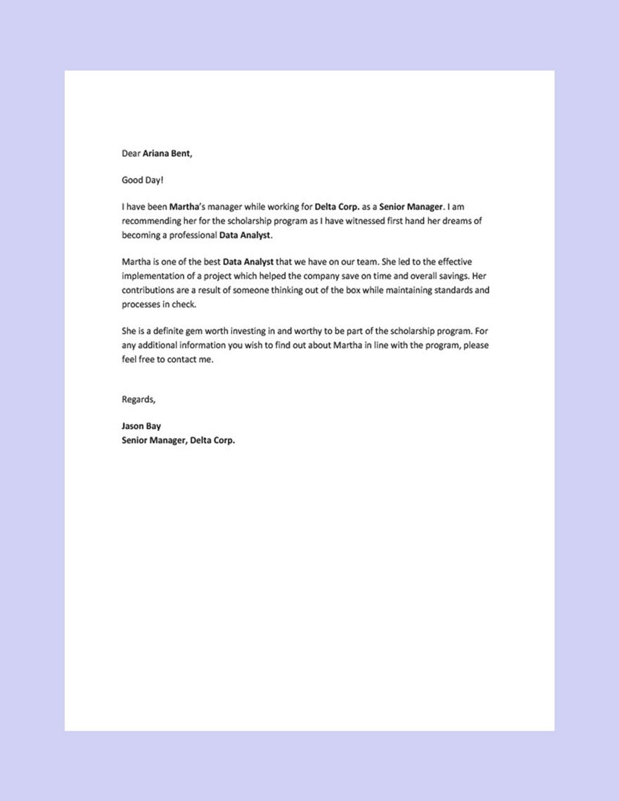 Recommendation Letter for Scholarship from Employer Template