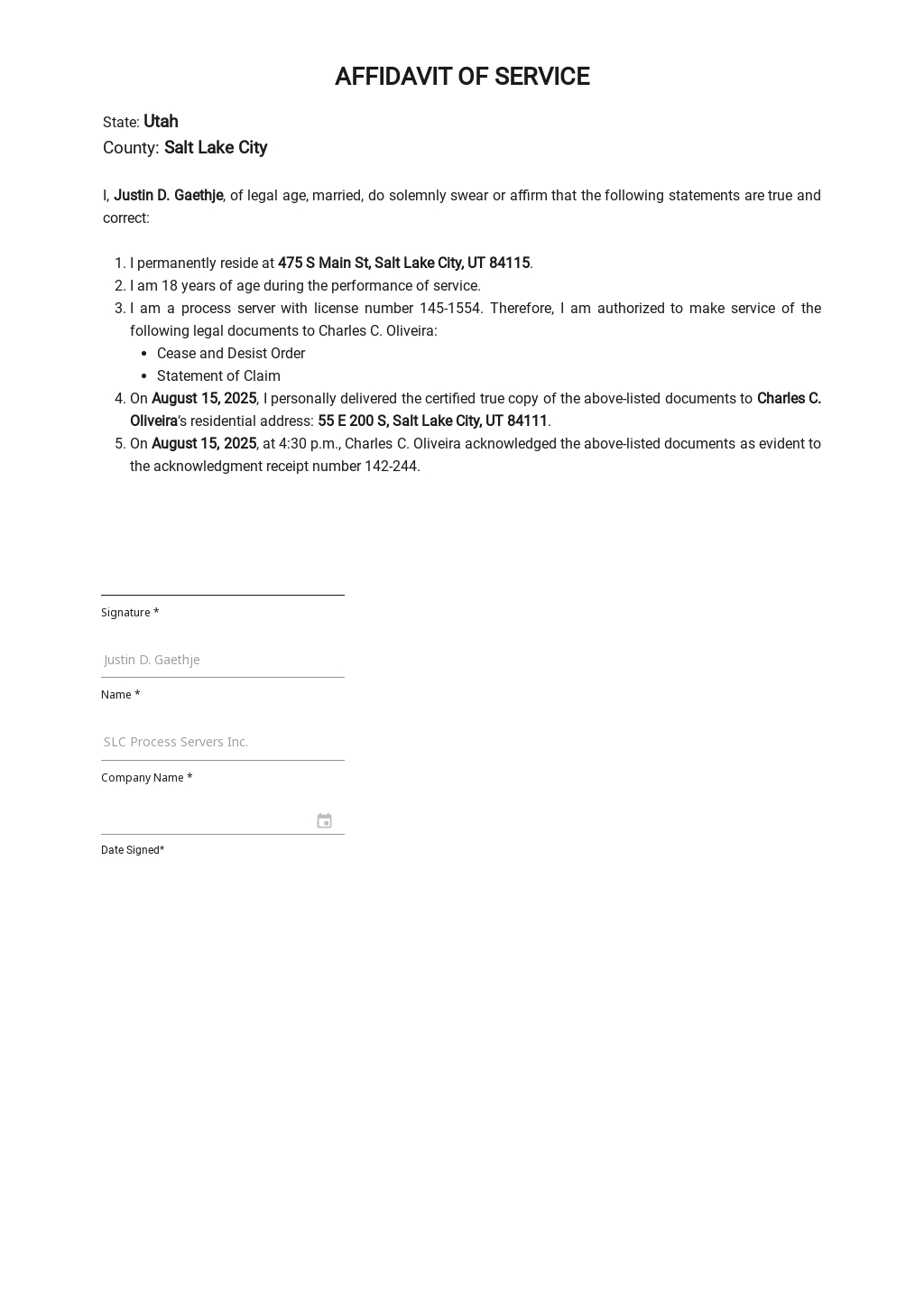 Blank Affidavit Service Template in Word, Google Docs