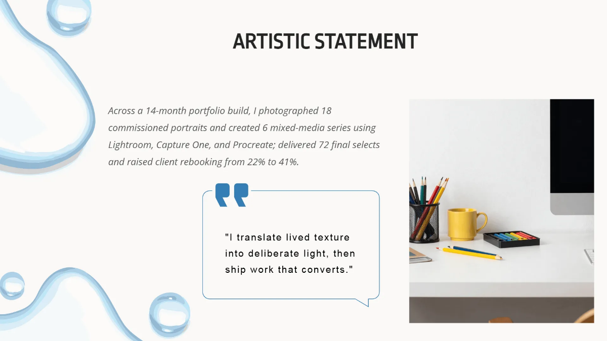 Free Photographer & Artist Portfolio Deck Template to Edit Online