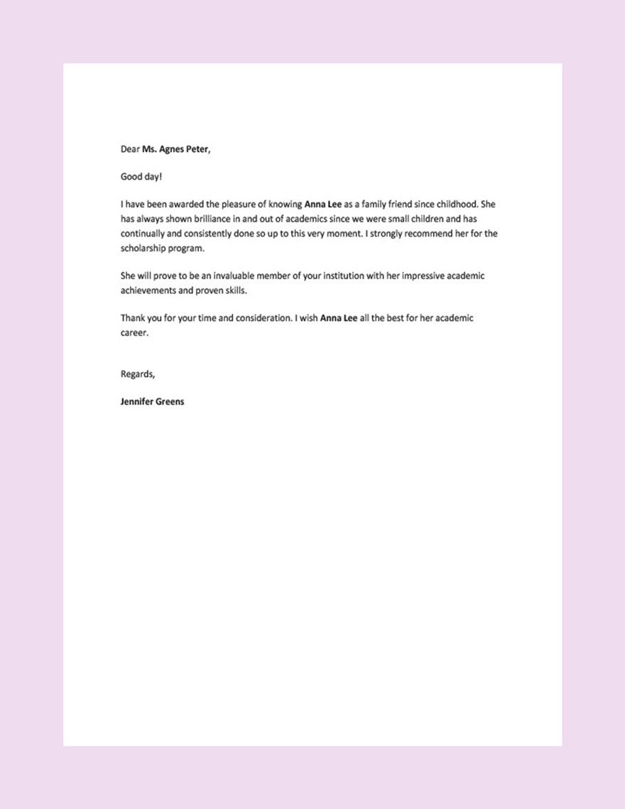Recommendation Letter for Scholarship from Family Friend Template