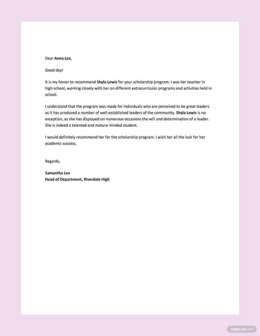 Sample Scholarship Recommendation Letter in Google Docs, Word, PDF - Download | Template.net