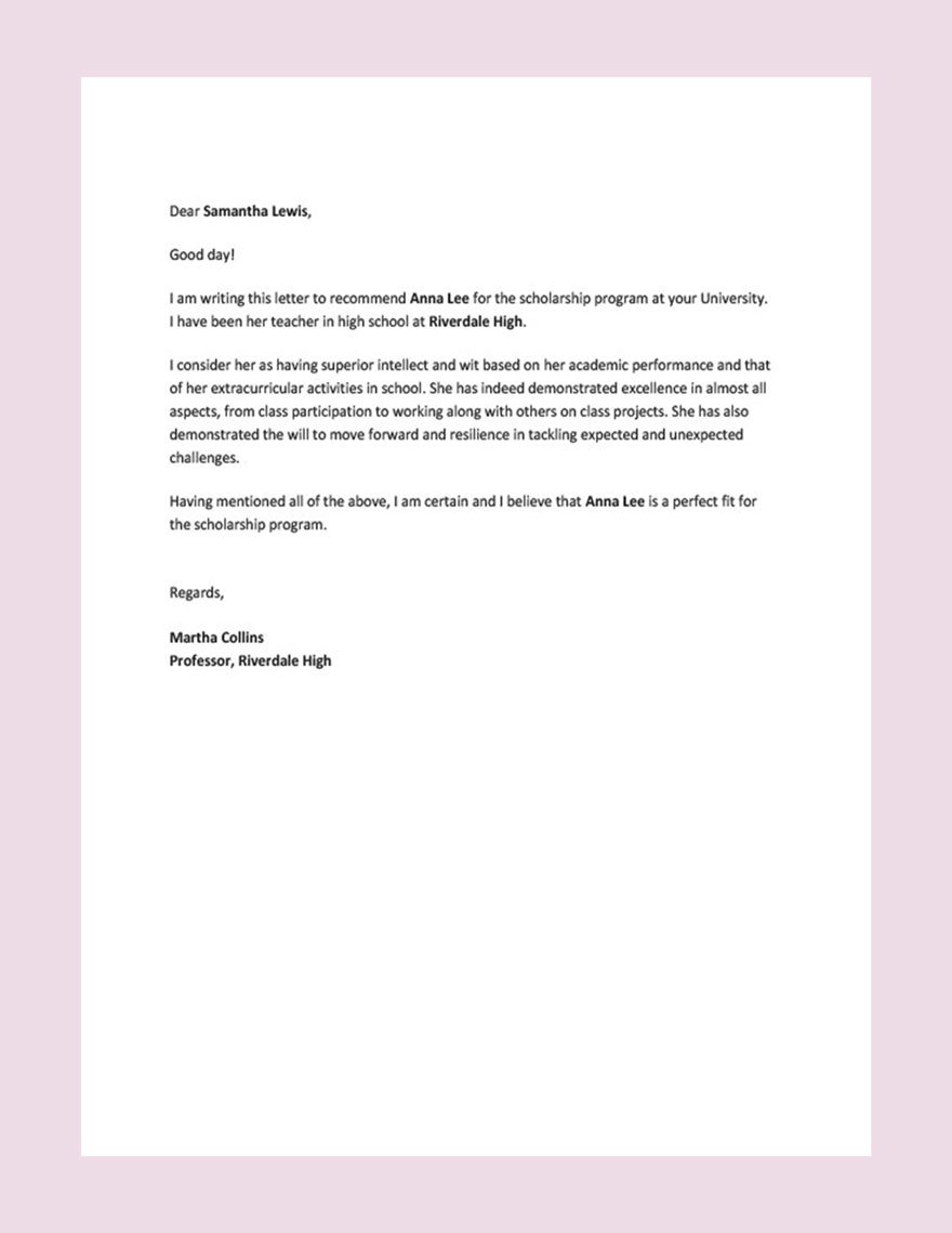 Student Scholarship Recommendation Letter Template